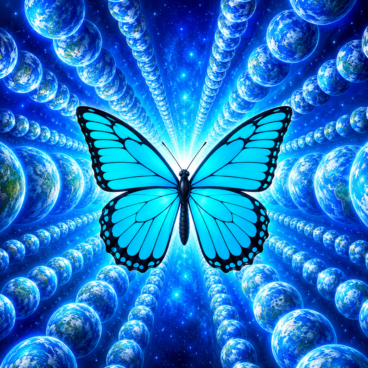 Electric blue butterfly surrounded by repeating Earths in a cosmic starfield